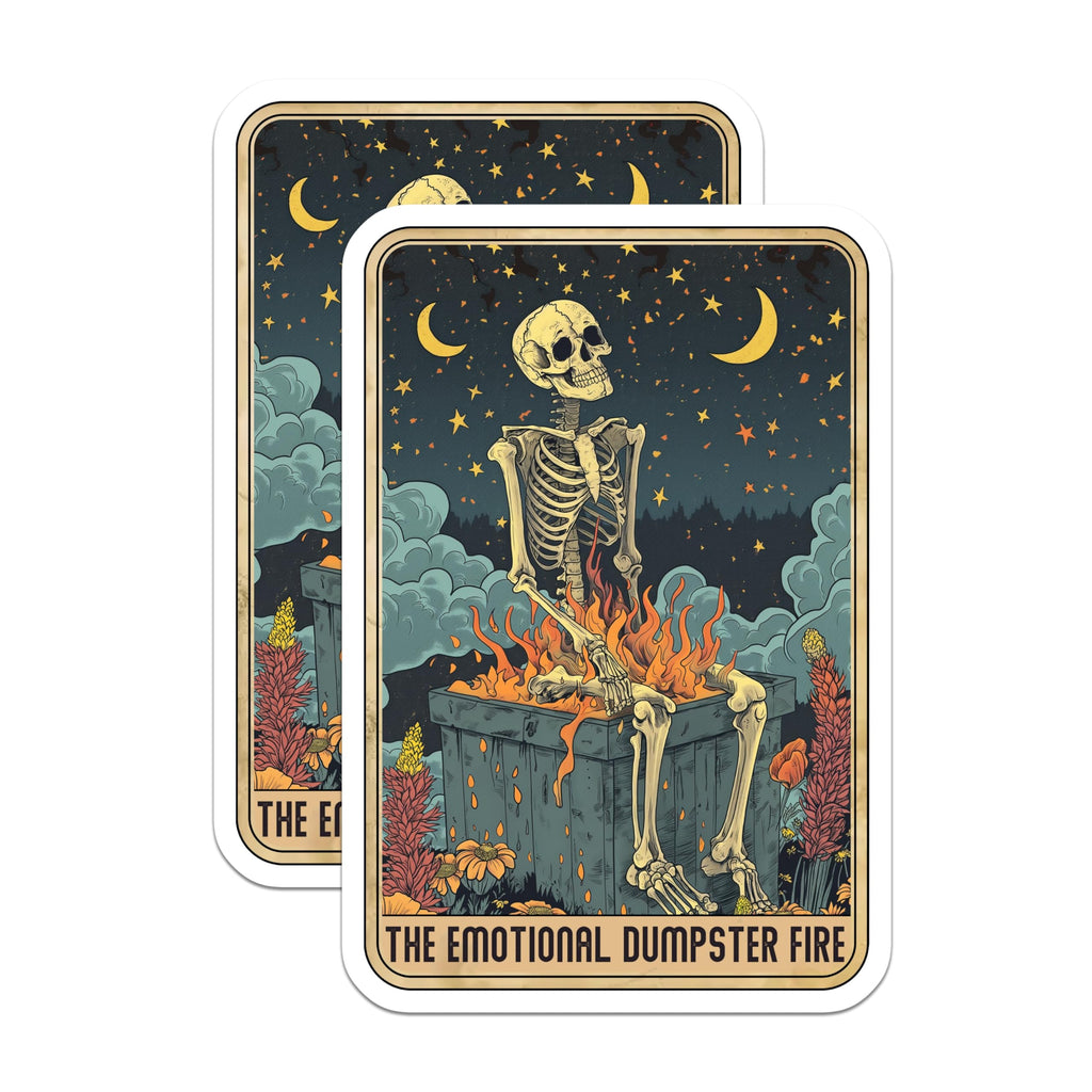 (2 Pack) Emotional Dumpster Fire Magnets - Skeleton Tarot Card Art - Dark Humor Fridge Decor - 5 Inches On Longest Side - Thick Durable Magnet - Made in USA - MAG23463