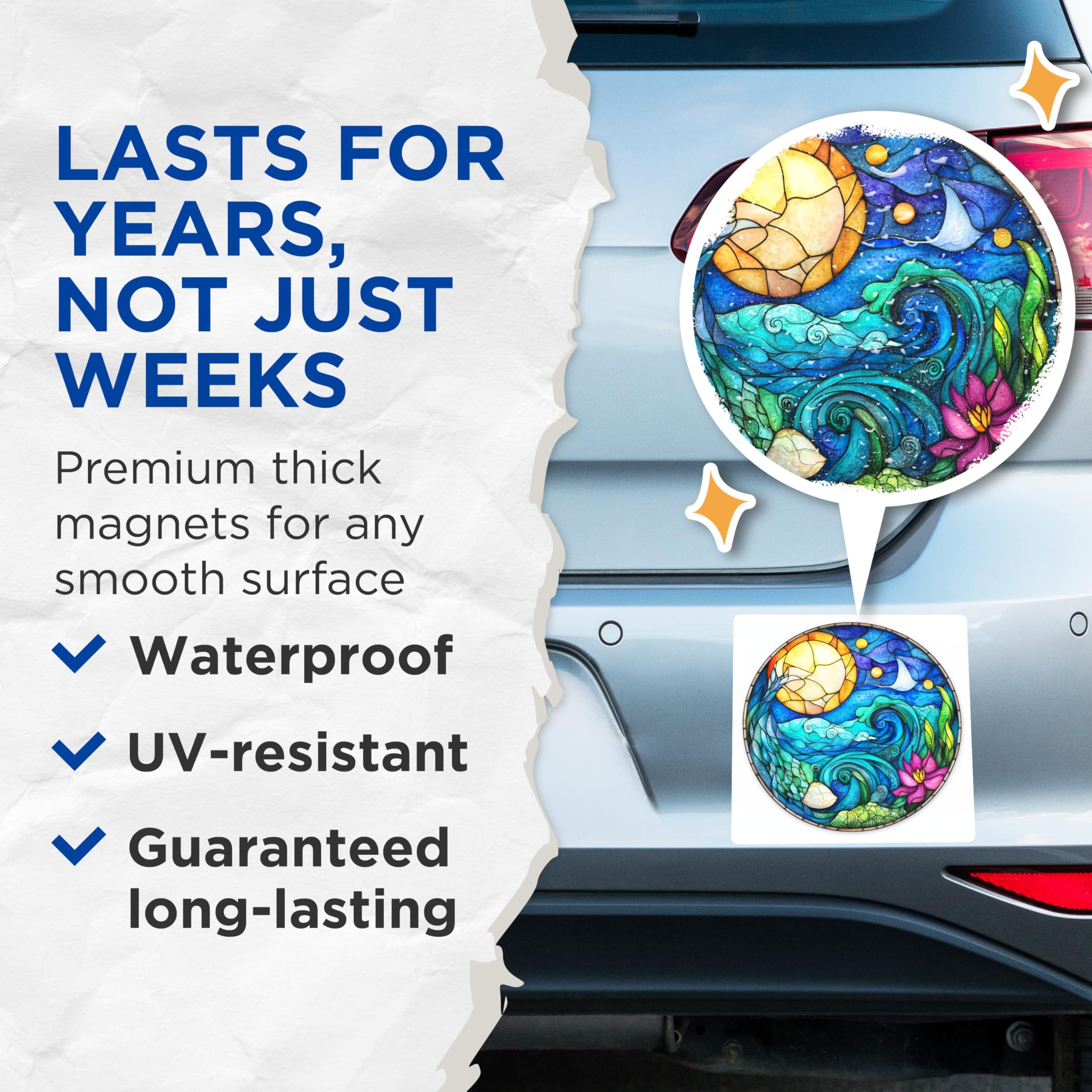 (2 Pack) Stained Glass Ocean Magnets - Moon and Waves Art - Lotus Flower Decor - Mystical Ocean Scene - Coastal Aesthetic - 5 Inches On Longest Side - Thick Durable Magnet - Made in USA - MAG30809