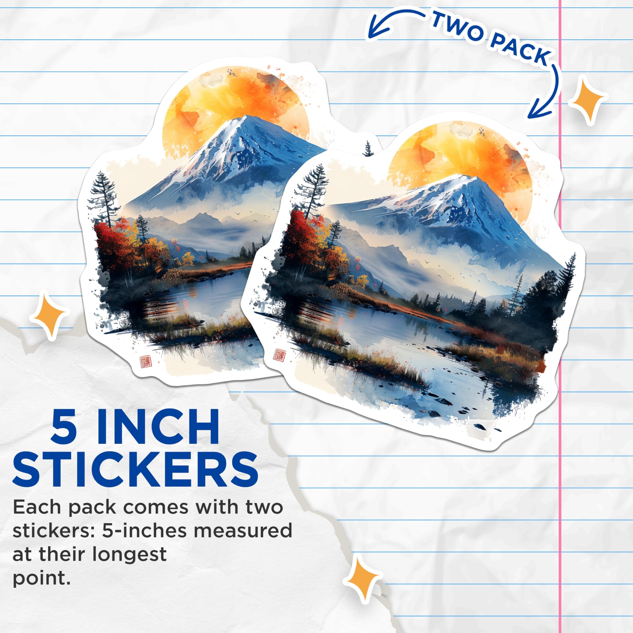 (2 Pack) Mountain Landscape Stickers - Nature Art Stickers - Scenic Outdoor Stickers - 5" On Longest Side - Sticks to Smooth Flat Surfaces - Made in USA - BMCS5194