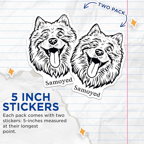 (2 Pack) Samoyed Dog Stickers - Cute Dog Breed Stickers - Samoyed Dog Lovers Decal - 5" On Longest Side - Sticks to Smooth Flat Surfaces - Made in USA - BMCS4024