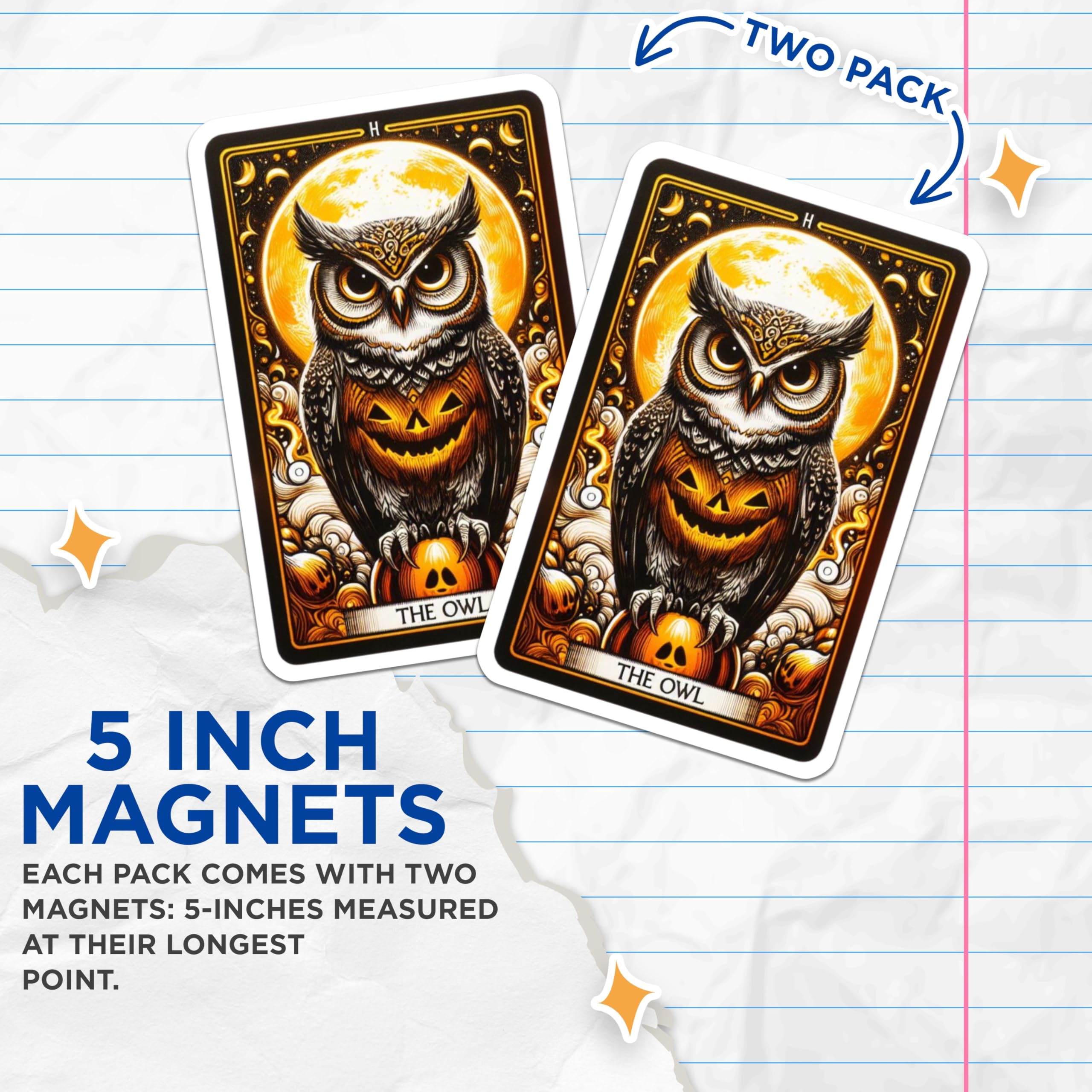 (2 Pack) Halloween Owl Magnets - Jack O Lantern Belly Moon Art - Tarot Card Mystic Decor - Spooky Fridge Locker Accents - 5 Inches On Longest Side - Thick Durable Magnet - Made in USA - MAG22963