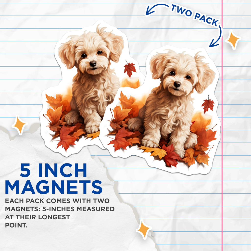 (2 Pack) Cute Puppy Magnets - Fall Leaves Dog Art - Autumn Pet Decor for Dog Lovers - 5 Inches On Longest Side - Thick Durable Magnet - Made in USA - MAG29689