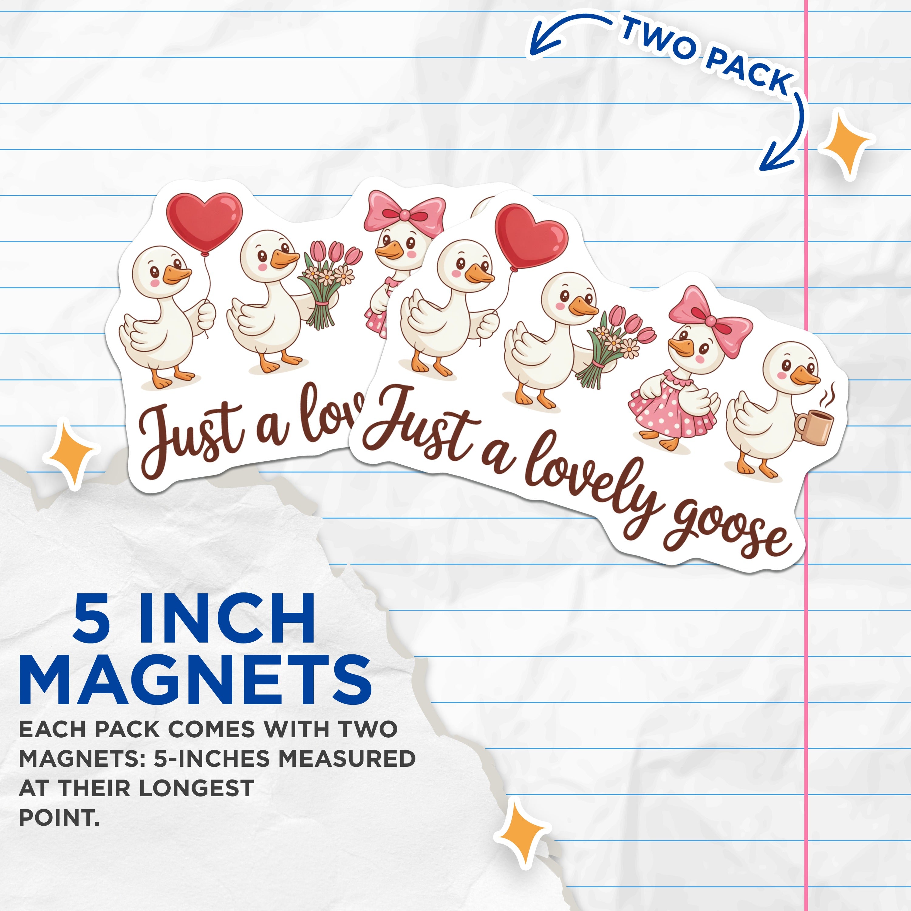 (2 Pack) Cute Goose Magnets - Kawaii Farm Animal - Lovely Goose Kitchen Decor - Whimsical Character Refrigerator Accessory - 5 Inches On Longest Side - Thick Durable Magnet - Made in USA - MAG39815