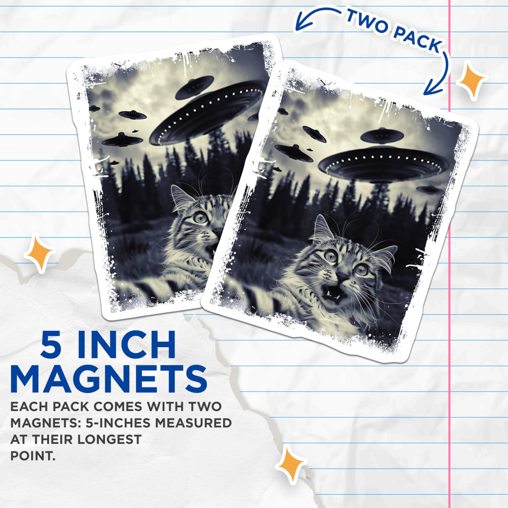 (2 Pack) Cat Alien Invasion Magnets - Funny Cat Magnets - UFO Themed Decor Magnets - 5" On Longest Side - for Cars, Refrigerators, Toolboxes, Lockers - Made in USA BMCS3381