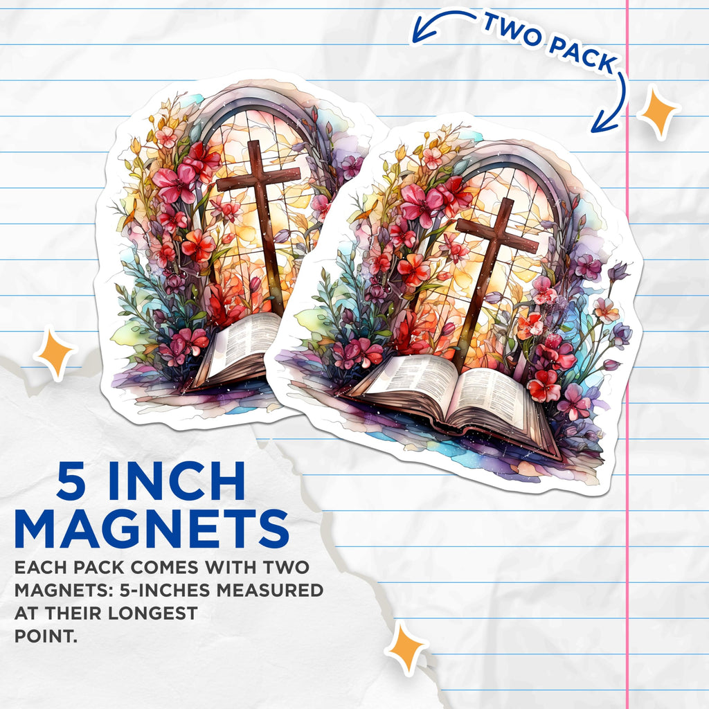 (2 Pack) Christian Cross Magnets - Stained Glass Floral Art - Inspirational Bible Decor - Faith Based Accent - 5 Inches On Longest Side - Thick Durable Magnet - Made in USA - MAG25453