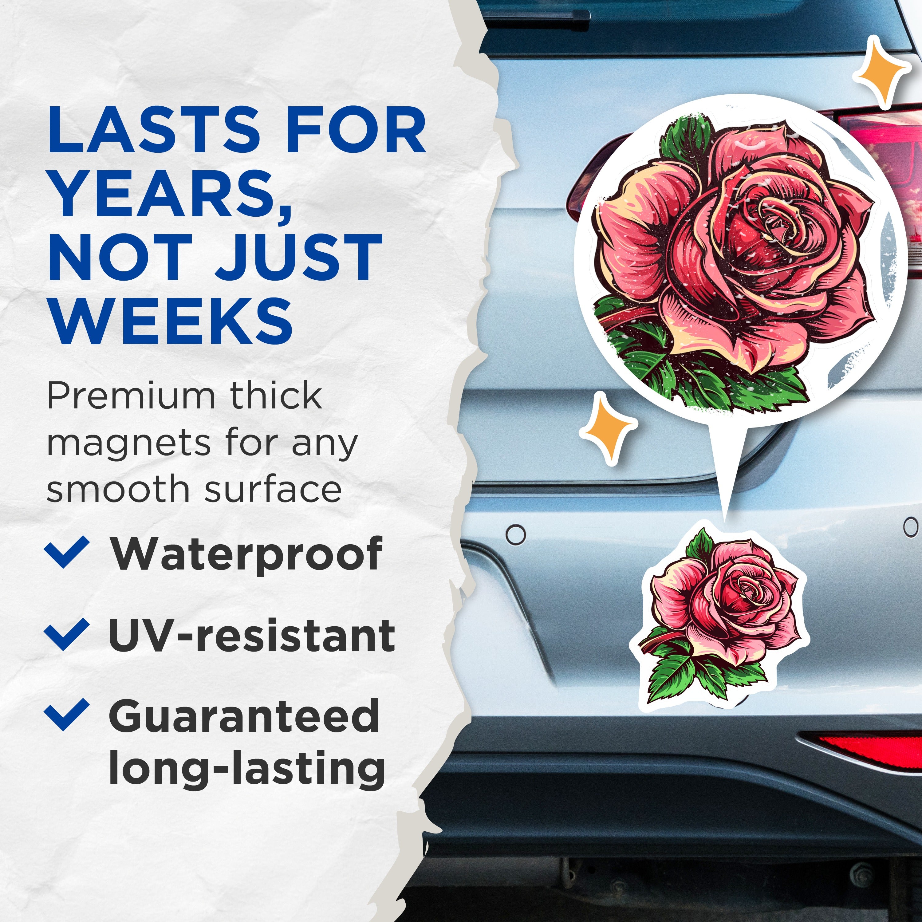 (2 Pack) Illustrative Rose Magnets - Neo Traditional Floral - Refrigerator Locker Decor - 5 Inches On Longest Side - Thick Durable Magnet - Made in USA - MAG38559