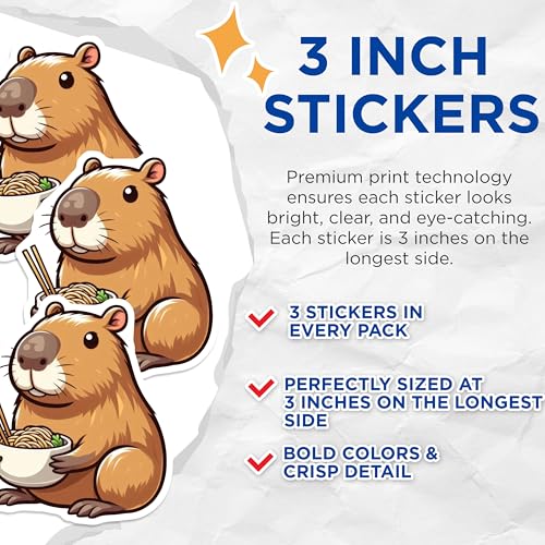 (3 Pack) Capybara Noodles Decals - Cute Rodent Stickers - Foodie Decals - 3 Inches On Longest Side - Easy Peel & Apply - Made in USA - 3MCS8675