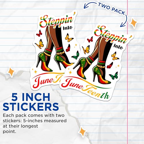 (2 Pack) Juneteenth Steppin Into Stickers - African American Pride - Celebration for Juneteenth - 5" On Longest Side - Sticks to Smooth Flat Surfaces - Made in USA - BMCS7355