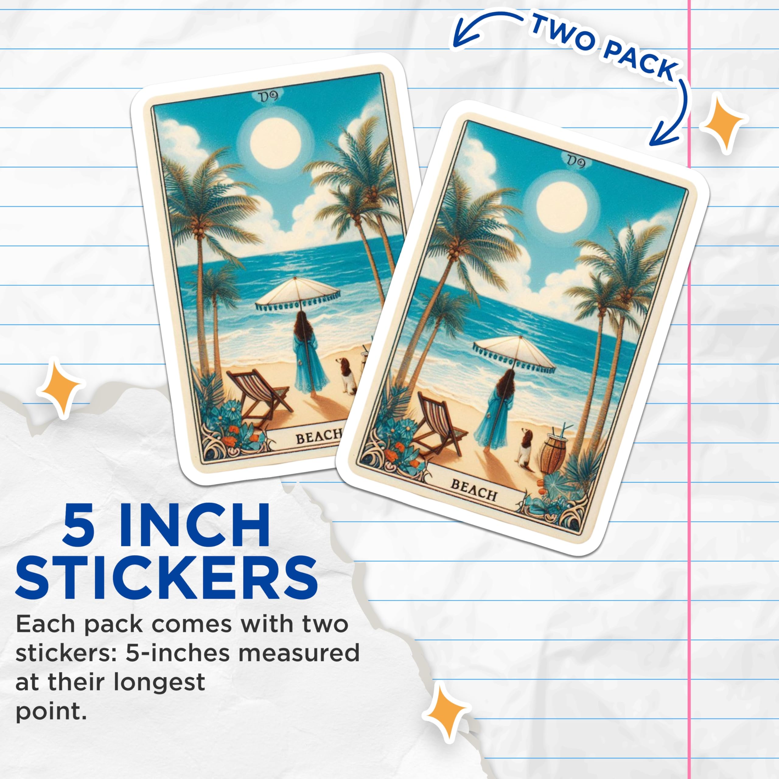 (2 Pack) Beach Scene Stickers - Tropical Getaway - Vintage Travel Art - 5" On Longest Side - Sticks to Smooth Flat Surfaces - Made in USA - BMCS14371