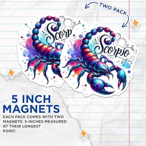 (2 Pack) Scorpio Zodiac Magnets - Astrology Home Decor - Celestial Scorpion Illustration - 5" On Longest Side - for Cars, Fridges, Toolboxes - Made in USA - MAG6894