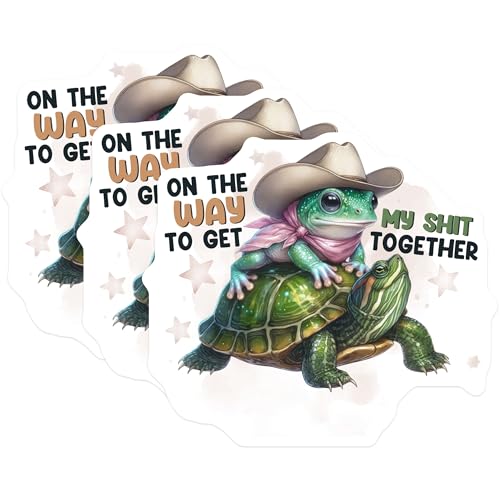 (3 Pack) Frog Turtle Decals - Cowboy Frog - Get My Shit Together Decal - 3 Inches On Longest Side - Easy Peel & Apply - Made in USA - 3MCS4008