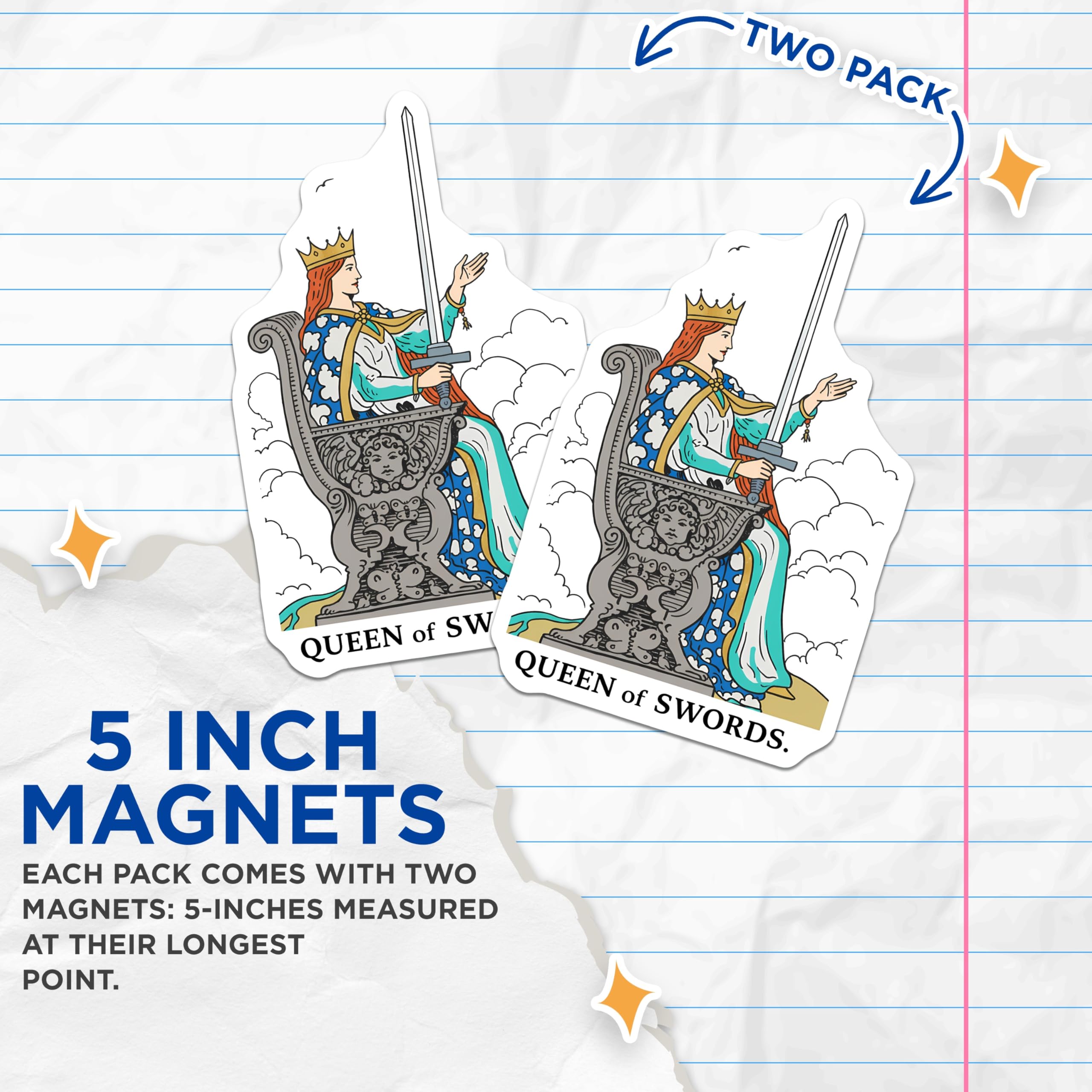 (2 Pack) Queen of Swords Tarot Magnets - Mystic Oracle Card Refrigerator Decor - Esoteric Spiritual Home Altar Piece - 5 Inches On Longest Side - Thick Durable Magnet - Made in USA - MAG20844