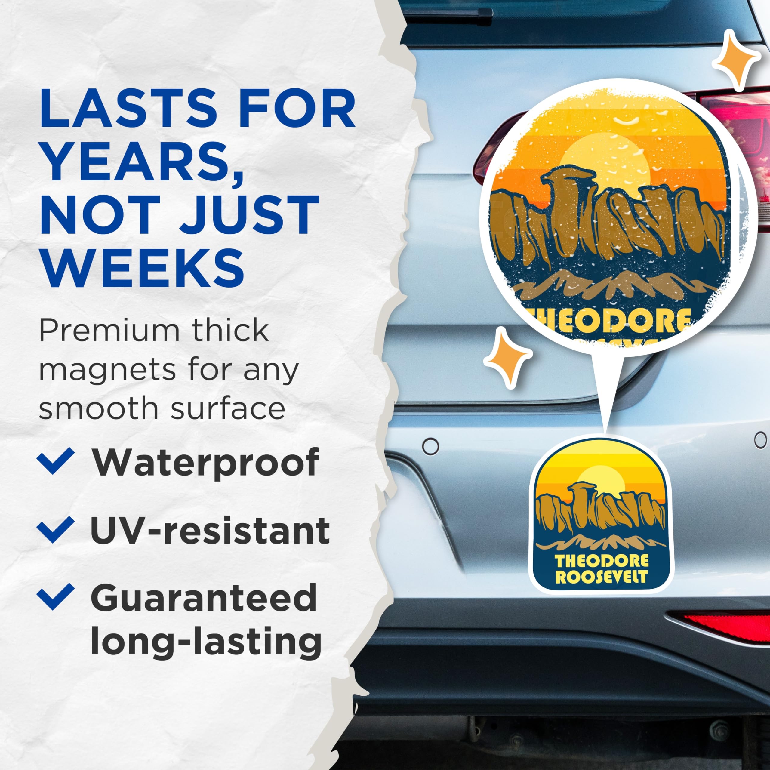 (2 Pack) Theodore Roosevelt Magnets - National Park Decor - Retro Sunset Fridge Magnets - 5" On Longest Side - Premium Magnet - for Cars, Refrigerators, Toolboxes, Lockers - Made in USA - MAG18668