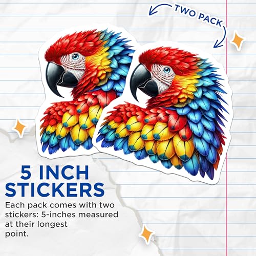 (2 Pack) Vibrant Parrot Stickers - Tropical Bird Decal - Colorful Macaw Art - 5" On Longest Side - Sticks to Smooth Flat Surfaces - Made in USA - BMCS4521