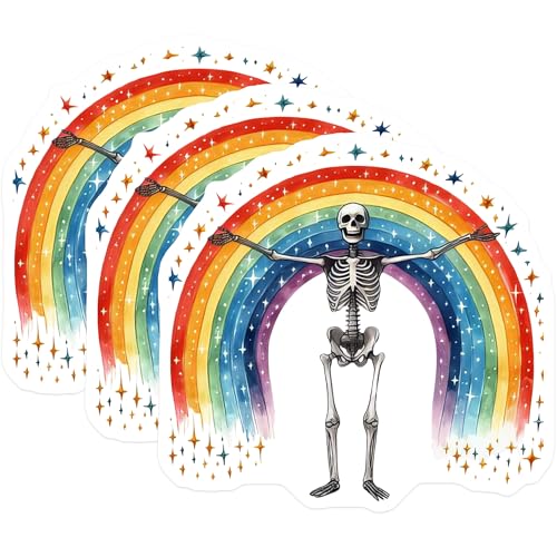 (3 Pack) Rainbow Skeleton Decals - Colorful Macabre Art - Unique Laptop Decals- 3 Inches On Longest Side - Easy Peel & Apply - Made in USA - 3MCS5930