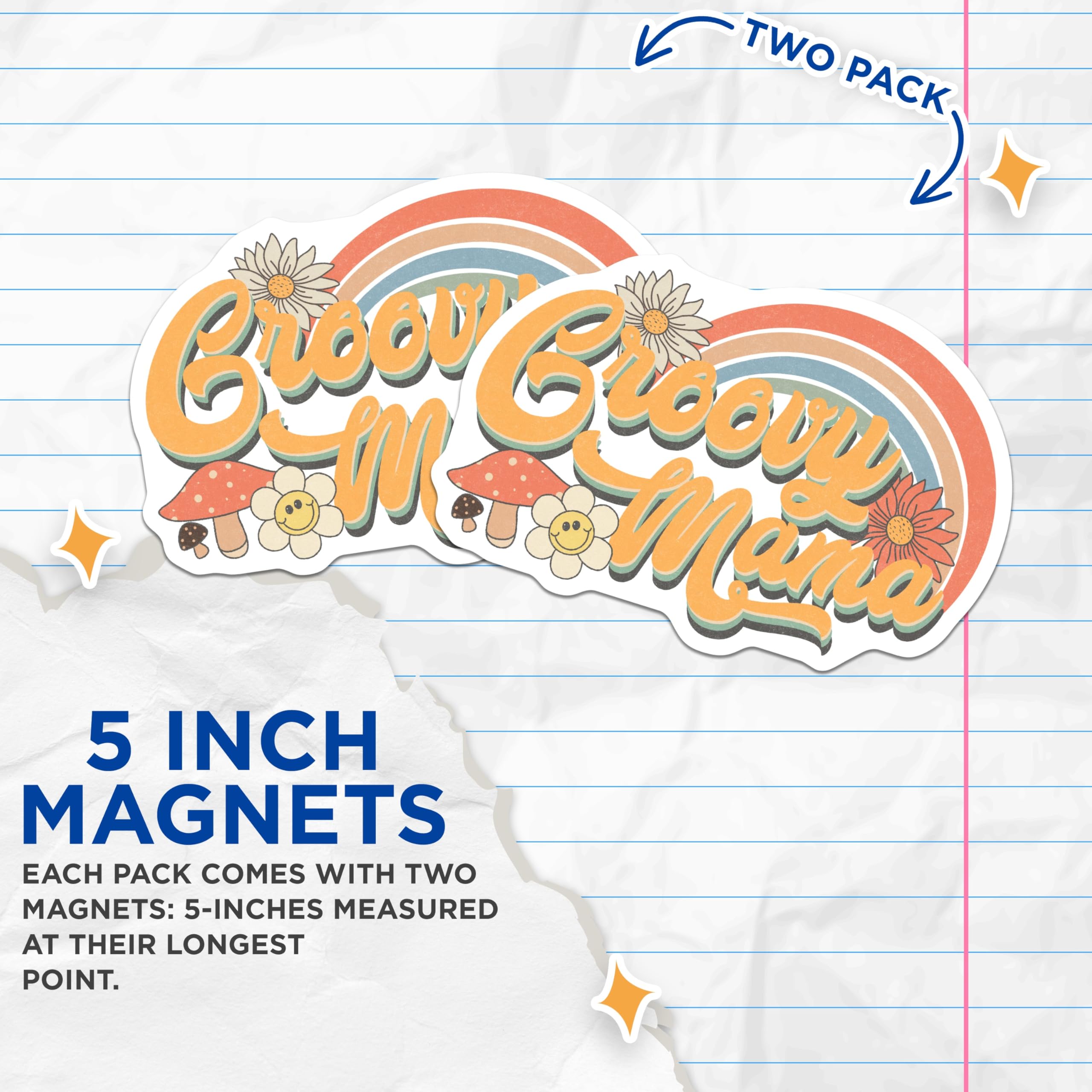 (2 Pack) Groovy Mama Magnets - Retro Rainbow - 70s Floral Decor for Mothers - 5" On Longest Side - Premium Magnet - for Cars, Refrigerators, Toolboxes, Lockers - Made in USA - MAG16029