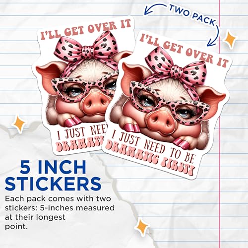 (2 Pack) Funny Pig Stickers - I'll Get Over It Quote - Cute Pig with Glasses - 5" On Longest Side - Sticks to Smooth Flat Surfaces - Made in USA - BMCS7942