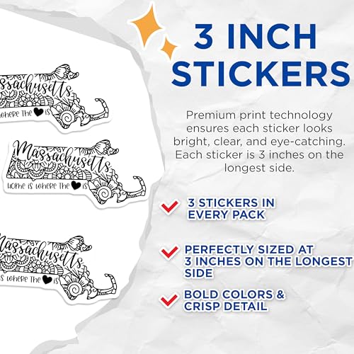 (3 Pack) Massachusetts Decals - Home State Pride - MA Laptop Stickers - 3 Inches On Longest Side - Easy Peel & Apply - Made in USA - 3MCS7832