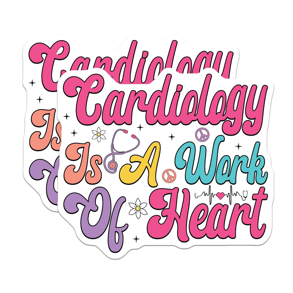 (2 Pack) Cardiology is A Work of Heart Stickers - Medical Professional Decal - Healthcare Hero Sticker Pack - 5" On Longest Side - Sticks to Smooth Flat Surfaces - Made in USA - BMCS9134