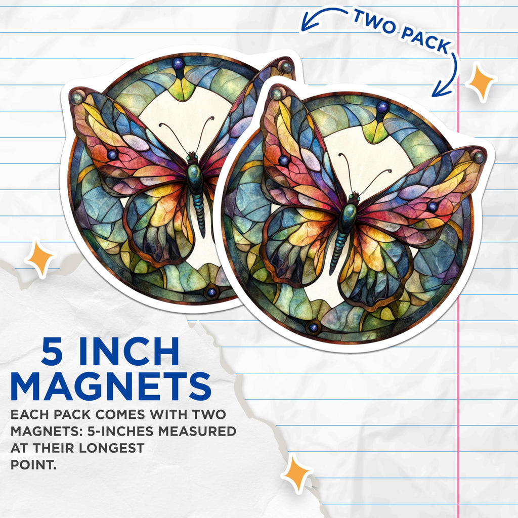 (2 Pack) Stained Glass Butterfly Magnets - Colorful Nature Decor - Bohemian Fridge Art - 5 Inches On Longest Side - Thick Durable Magnet - Made in USA - MAG27568