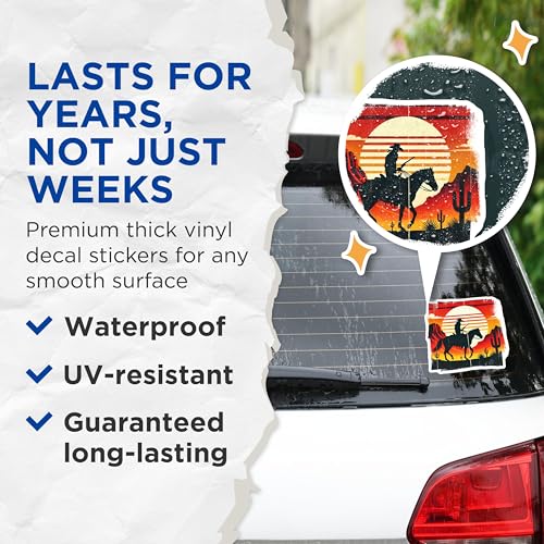 (2 Pack) Retro Cowboy Sunset Stickers - Western Desert Scene - Vintage Wild West Decal - 5" On Longest Side - Sticks to Smooth Flat Surfaces - Made in USA - BMCS5811