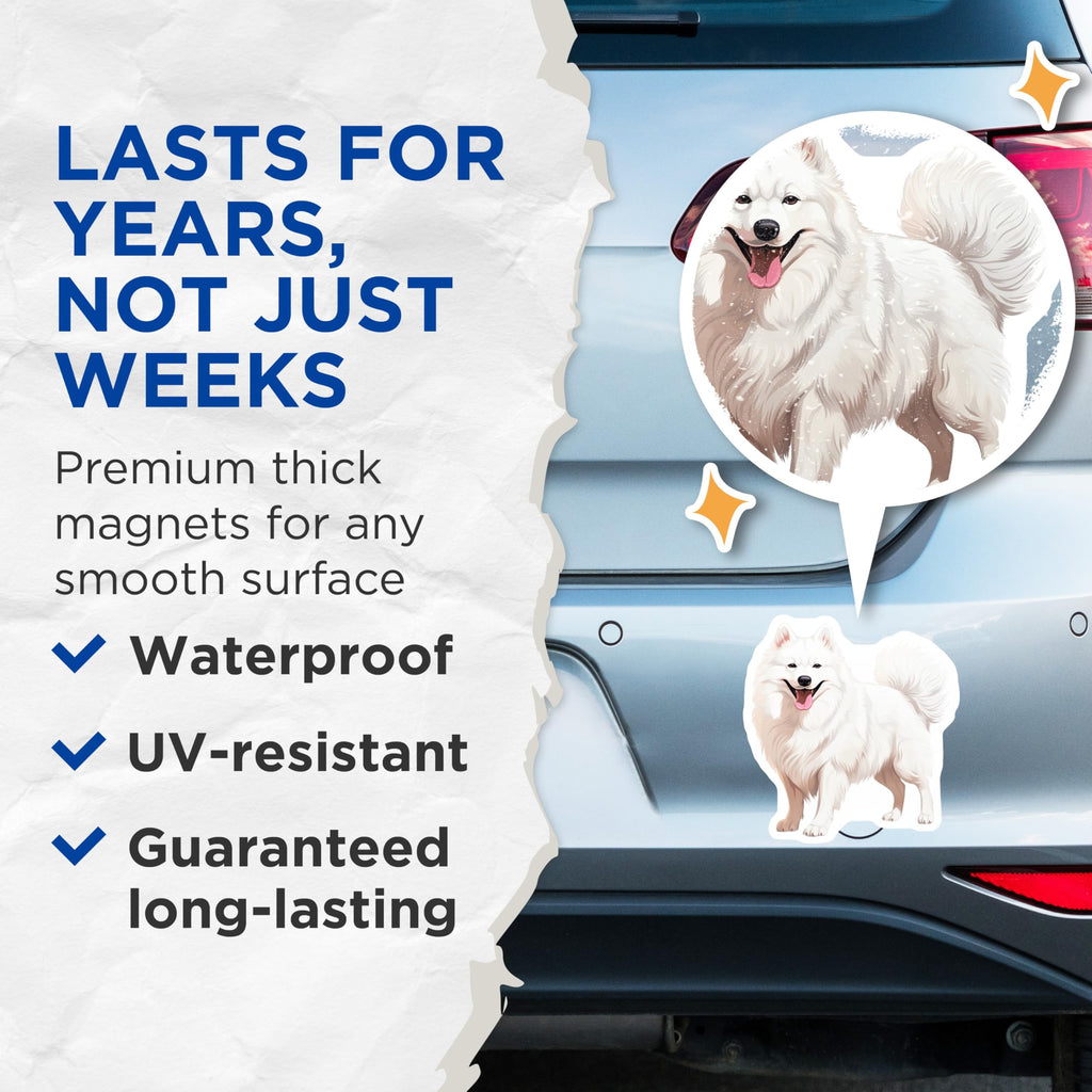 (2 Pack) Samoyed Dog Magnets - Cute White Fluffy Dog Art - Pet Lover Refrigerator Decor - Samoyed Owner Doggie Happy Smile - 5 Inches On Longest Side - Thick Durable Magnet - Made in USA - MAG28695