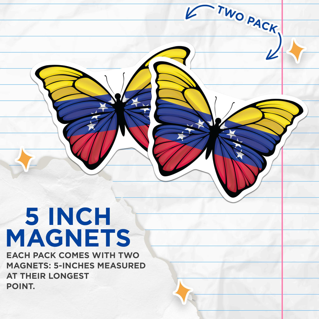 (2 Pack) Venezuela Flag Butterfly Magnets - Venezuelan Pride - Patriotic Souvenir - 5" On Longest Side - Premium Magnet - for Cars, Refrigerators, Toolboxes, Lockers - Made in USA - MAG18357