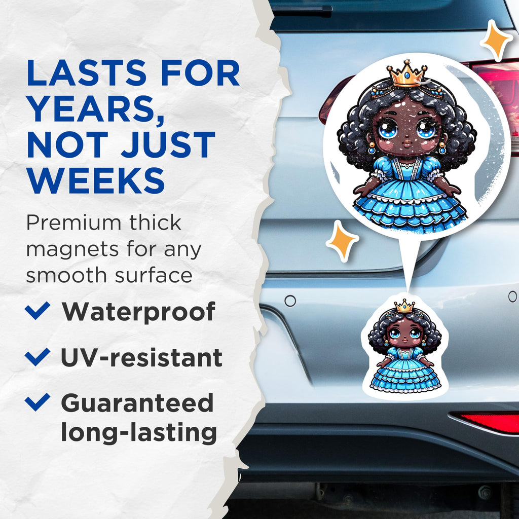 (2 Pack) Cute Black Princess Magnets - African American Royal Girl Decor - Chibi Crowned Queen Art - 5 Inches On Longest Side - Thick Durable Magnet - Made in USA - MAG21504