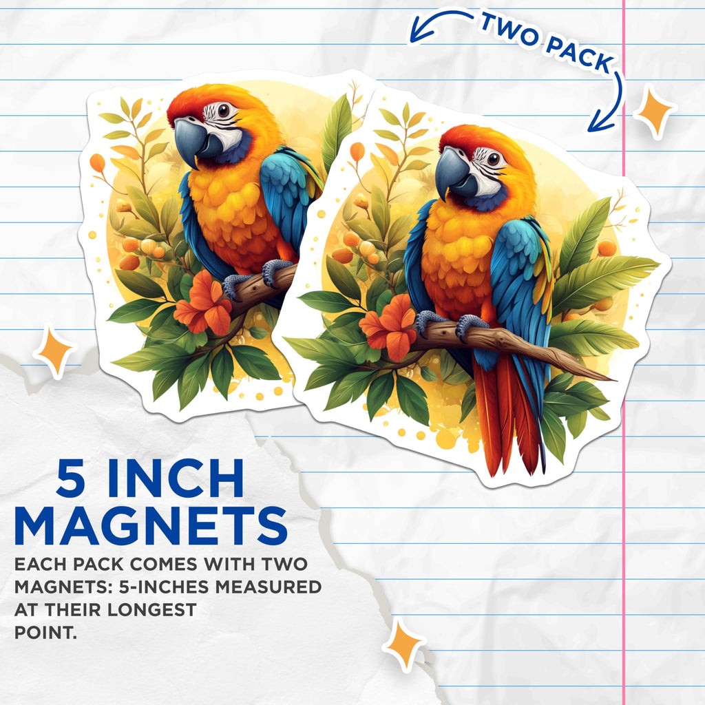(2 Pack) Macaw Parrot Magnets - Tropical Bird Art - Vibrant Exotic Decor - Refrigerator Locker Accent - 5 Inches On Longest Side - Thick Durable Magnet - Made in USA - MAG28206
