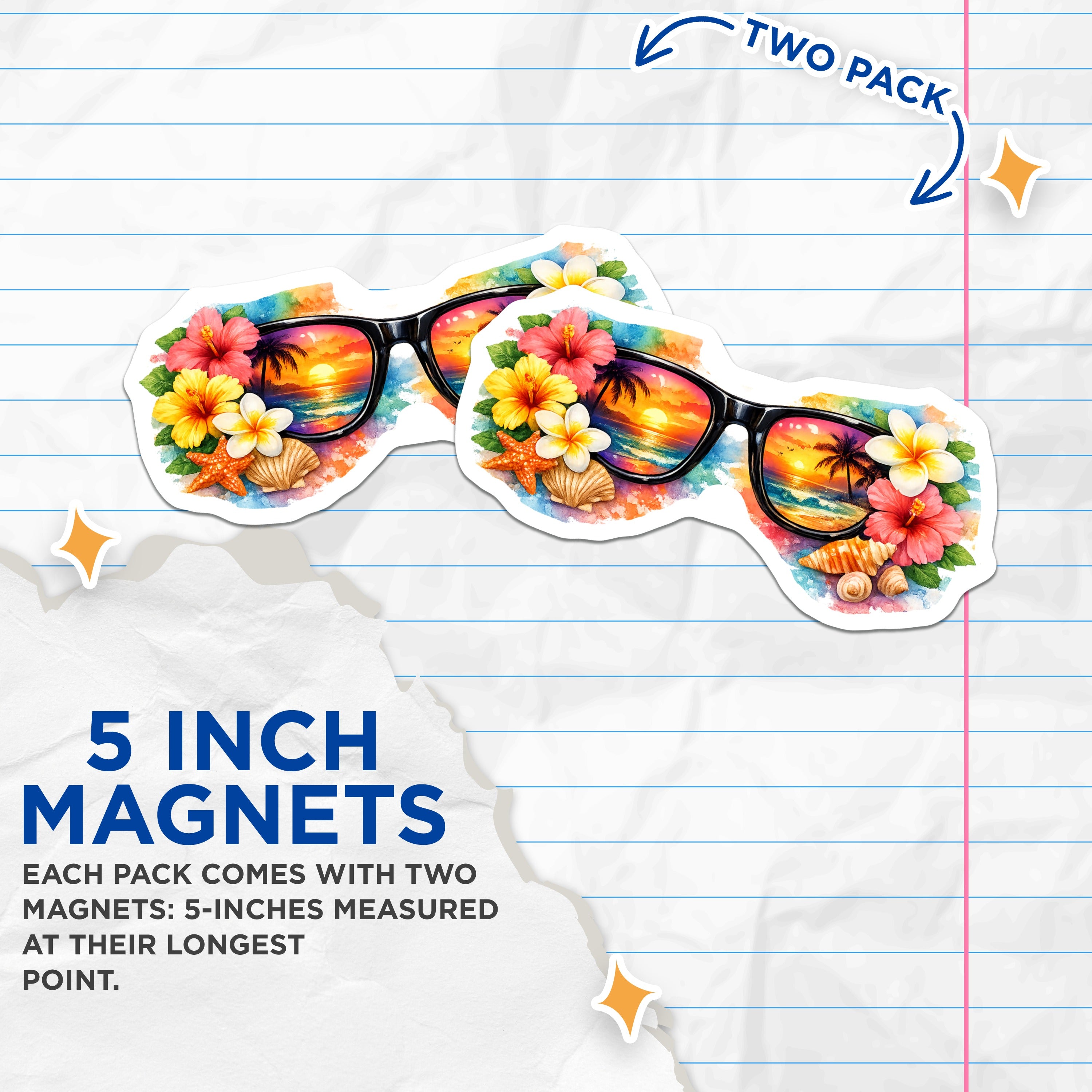 (2 Pack) Tropical Sunset Ocean Magnets - Beach Vacation Decor - Hawaiian Flowers Home Accent - 5 Inches On Longest Side - Thick Durable Magnet - Made in USA - MAG39635