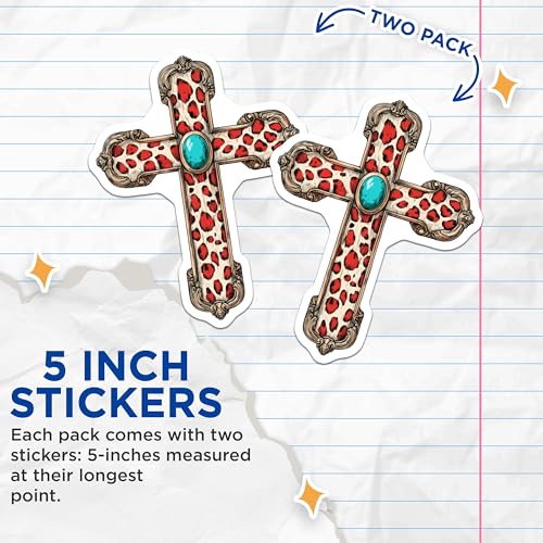 (2 Pack) Leopard Cross Stickers - Animal Print - Western Decor, Faith Inspired Decal, Laptop Phone Case Art - 5" On Longest Side - Sticks to Smooth Flat Surfaces - Made in USA - BMCS8729