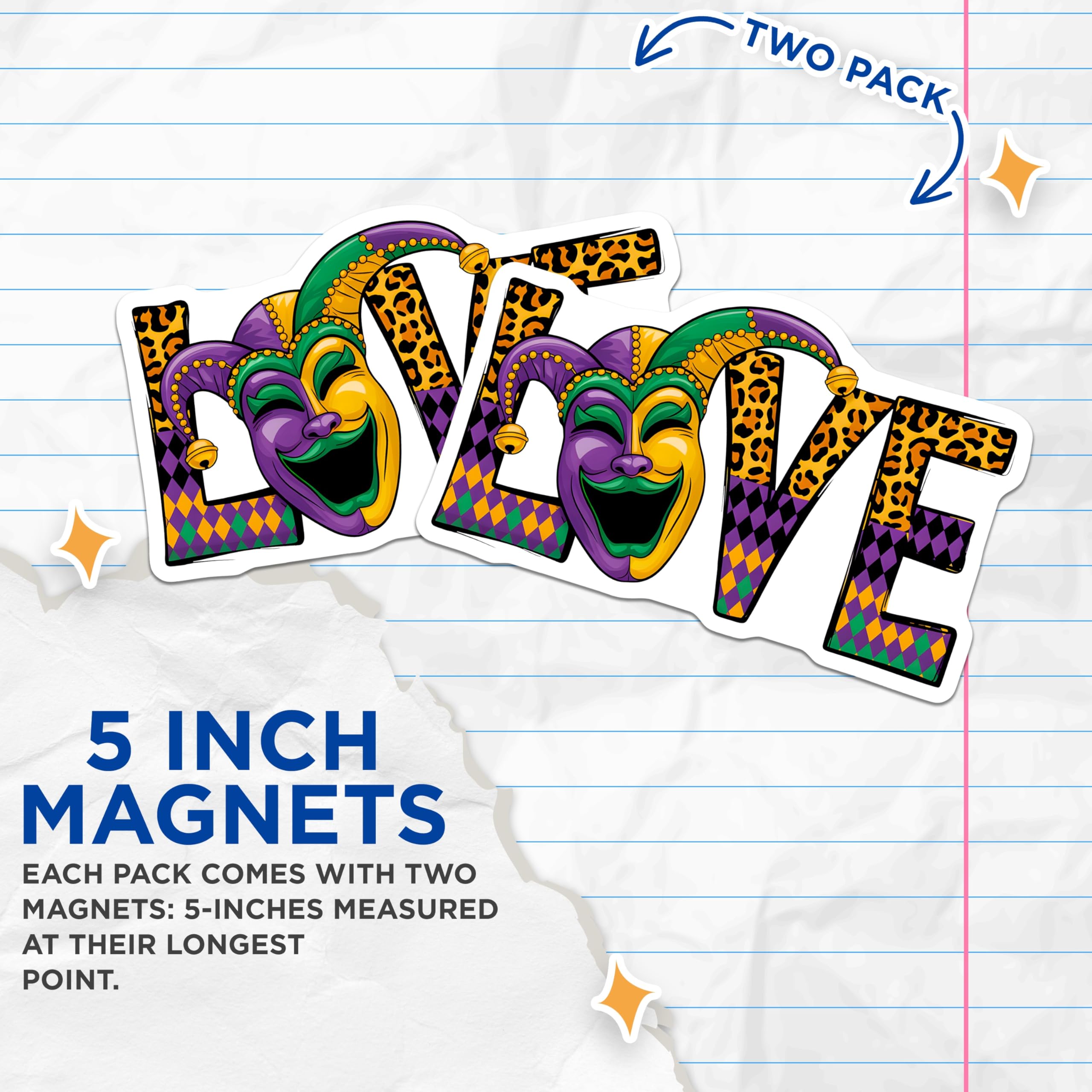 (2 Pack) Mardi Gras Love Magnets - Jester Mask Decor - New Orleans Souvenir - 5 Inches On Longest Side - Thick Durable Magnet - Made in USA - MAG30605