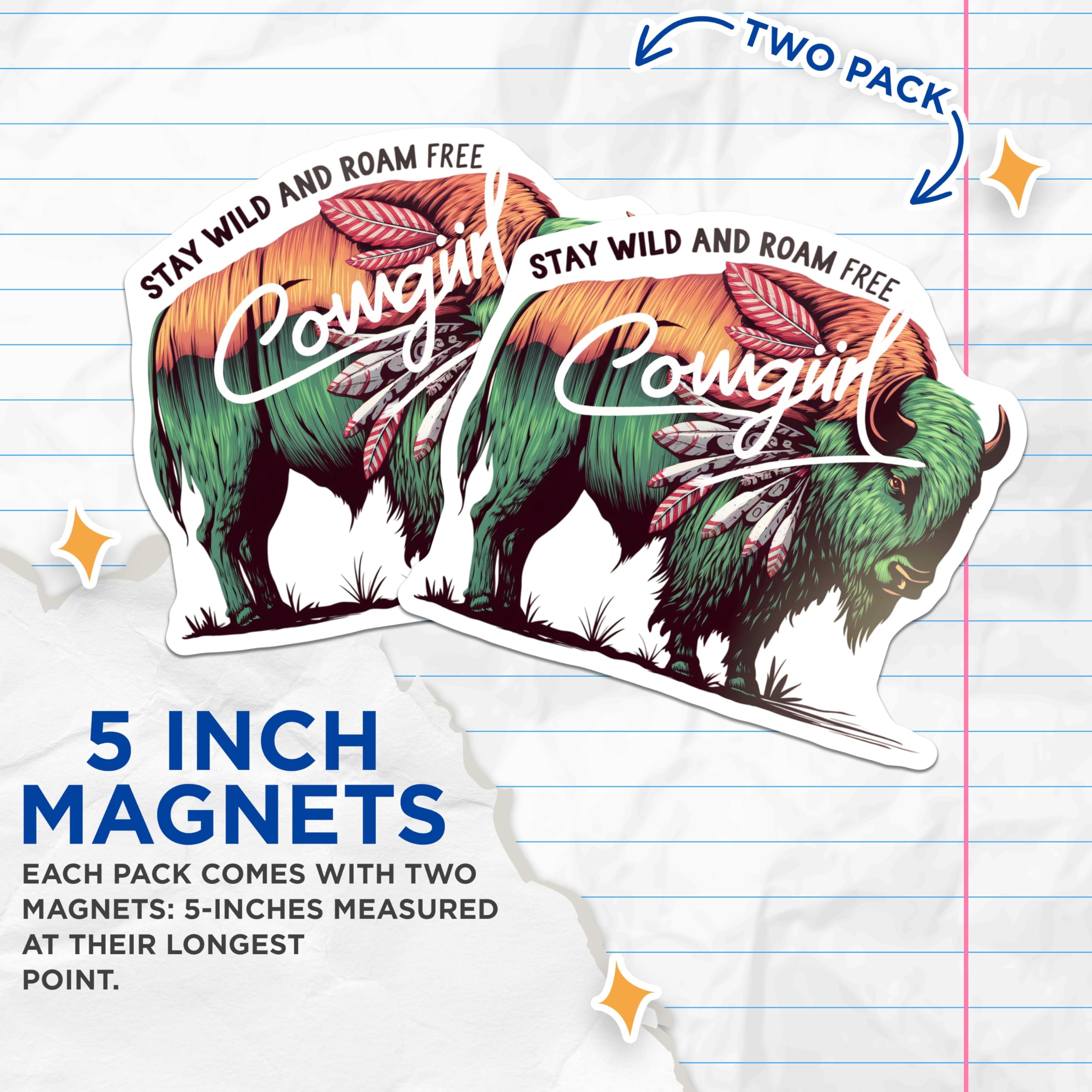 (2 Pack) Cowgirl Buffalo Magnets - Stay Wild Roam Free Art - Western Bison Refrigerator Decor - Bohemian Southwestern Accent - 5 Inches On Longest Side - Thick Durable Magnet - Made in USA - MAG20845