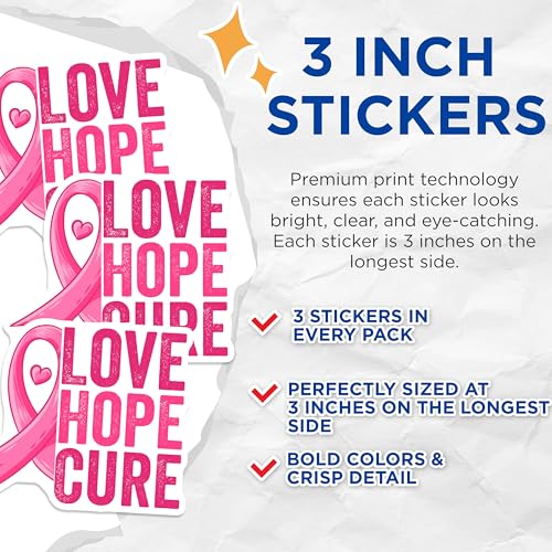 (3 Pack) Breast Cancer Awareness Decals - Love Hope Cure - Pink Ribbon Decals - 3 Inches On Longest Side - Easy Peel & Apply - Made in USA - 3MCS4564