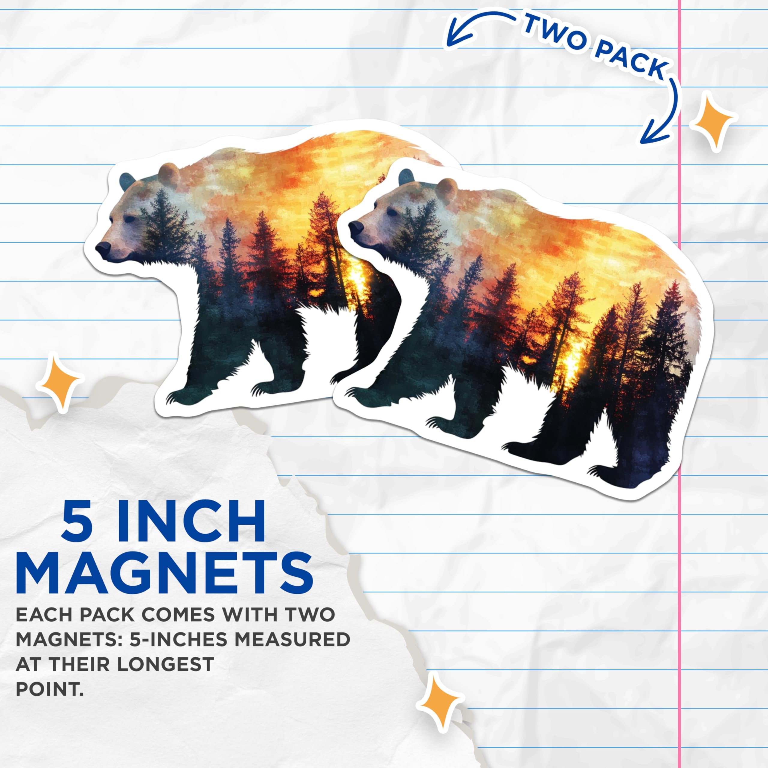 (2 Pack) Bear Silhouette Magnets - Forest Sunset Art - Nature Lover Decor Magnets - 5" On Longest Side - Premium Magnet - for Cars, Refrigerators, Toolboxes, Lockers - Made in USA - MAG16438