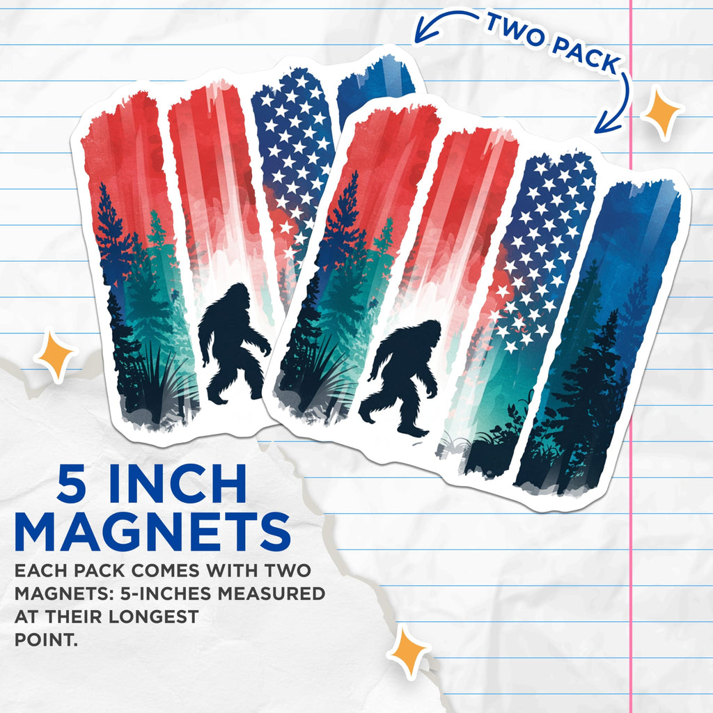 (2 Pack) Bigfoot American Flag Magnets - Patriotic Sasquatch Forest Decor - USA Cryptid Outdoor Art - 5 Inches On Longest Side - Thick Durable Magnet - Made in USA - MAG20777