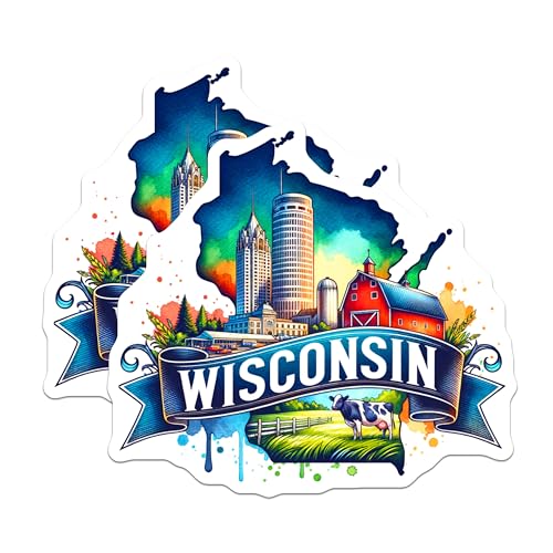 (2 Pack) Wisconsin Stickers - State Pride - Scenic Wisconsin Art - 5" On Longest Side - Sticks to Smooth Flat Surfaces - Made in USA - BMCS6516