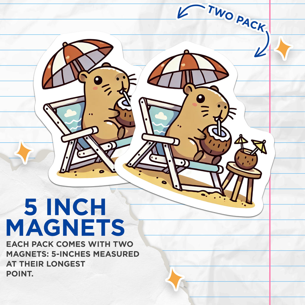 (2 Pack) Cute Capybara Magnets - Beach Vacation Animal - Fridge Locker Decor - 5 Inches On Longest Side - Thick Durable Magnet - Made in USA - MAG38587