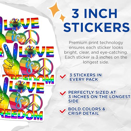 (3 Pack) Love is Freedom Decals - Rainbow Pride - Peace Decal - Laptop Decal - 3 Inches On Longest Side - Easy Peel & Apply - Made in USA - 3MCS7957