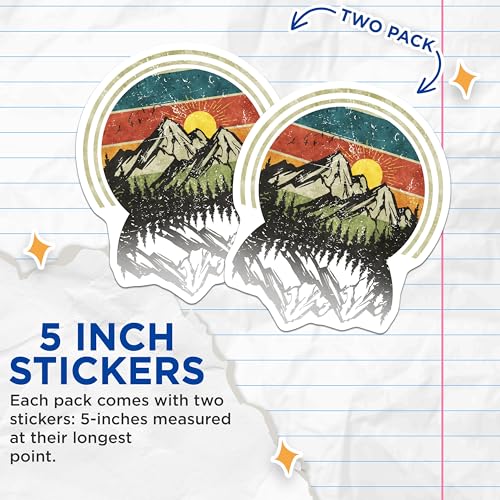 (2 Pack) Mountain Landscape Stickers - Retro Mountain Art - Nature Scene Decals - 5" On Longest Side - Sticks to Smooth Flat Surfaces - Made in USA - BMCS4734