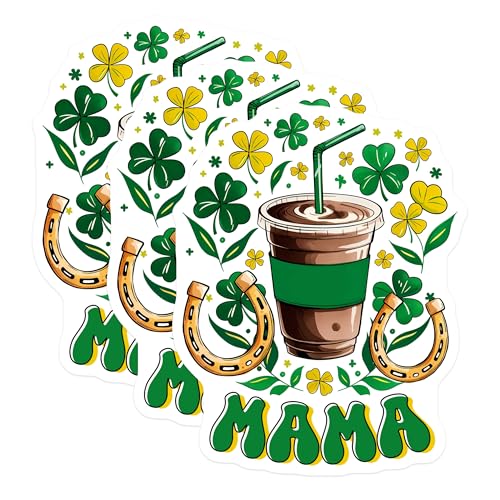 (3 Pack) Saint Patricks Mama Decals - Lucky Four Leaf Clover - Coffee Decals - 3 Inches On Longest Side - Easy Peel & Apply - Made in USA - 3MCS7166