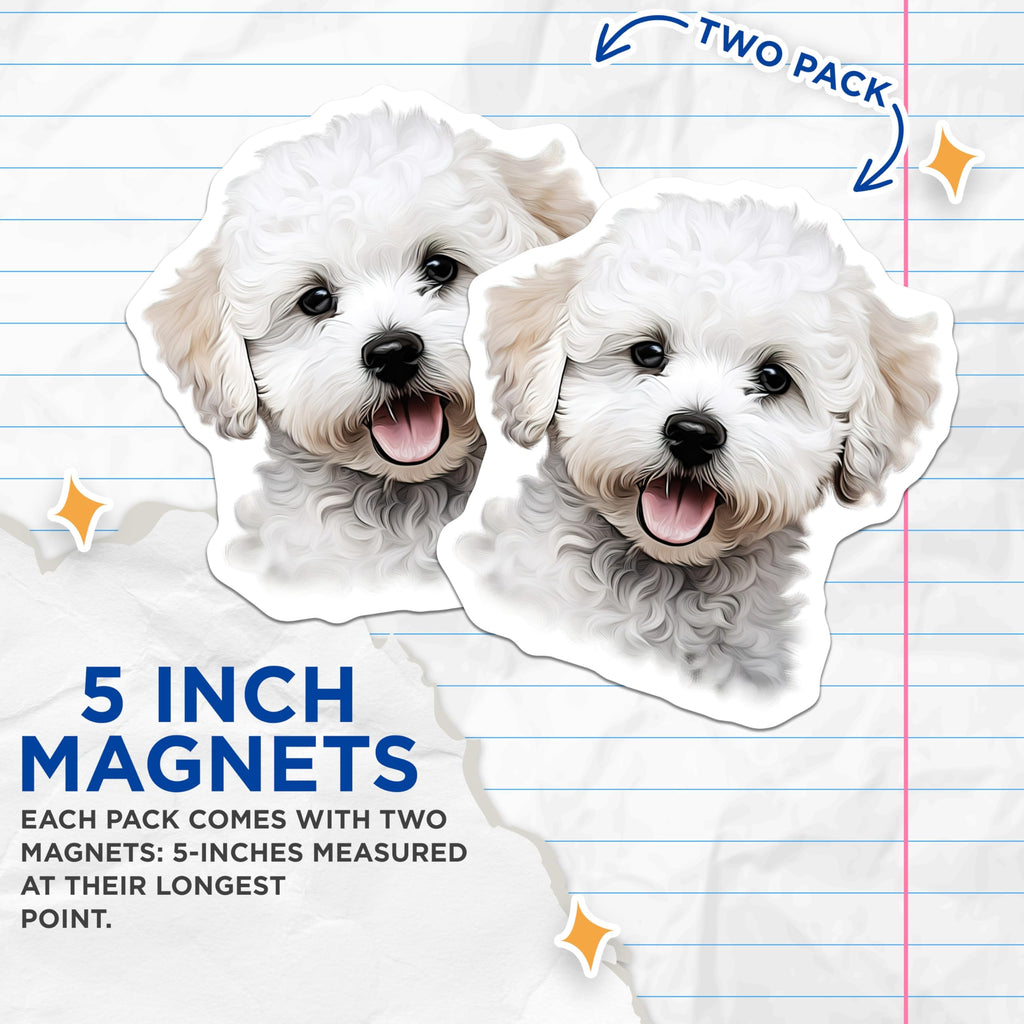 (2 Pack) Cute Fluffy Dog Magnets - Happy Puppy Refrigerator Decor - Bichon Poodle Dog Mom Dad - 5 Inches On Longest Side - Thick Durable Magnet - Made in USA - MAG28805