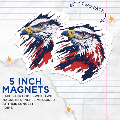 (2 Pack) Patriotic Eagle Magnets - American Flag - Bald Eagle Art - National Pride Decor - Independence Day Icons - 5" On Longest Side - for Cars, Fridges, Toolboxes - Made in USA - MAG6759