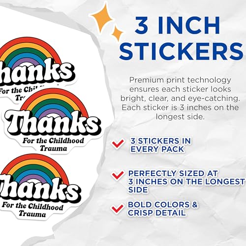 (3 Pack) Childhood Trauma Decals - Rainbow Humor - Sarcastic Laptop Decal - 3 Inches On Longest Side - Easy Peel & Apply - Made in USA - 3MCS4371