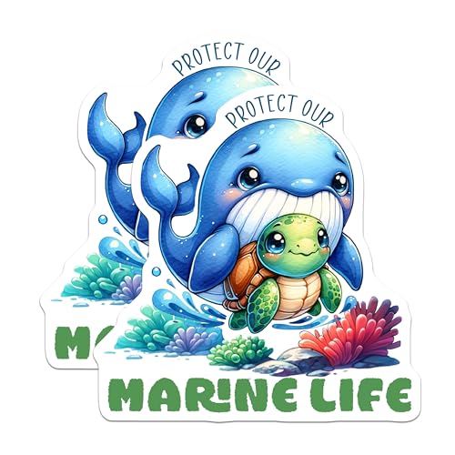 (2 Pack) Protect Our Marine Life Magnets - Cute Whale and Turtle - Environmental Awareness - 5" On Longest Side - for Cars, Fridges, Toolboxes - Made in USA - MAG7953