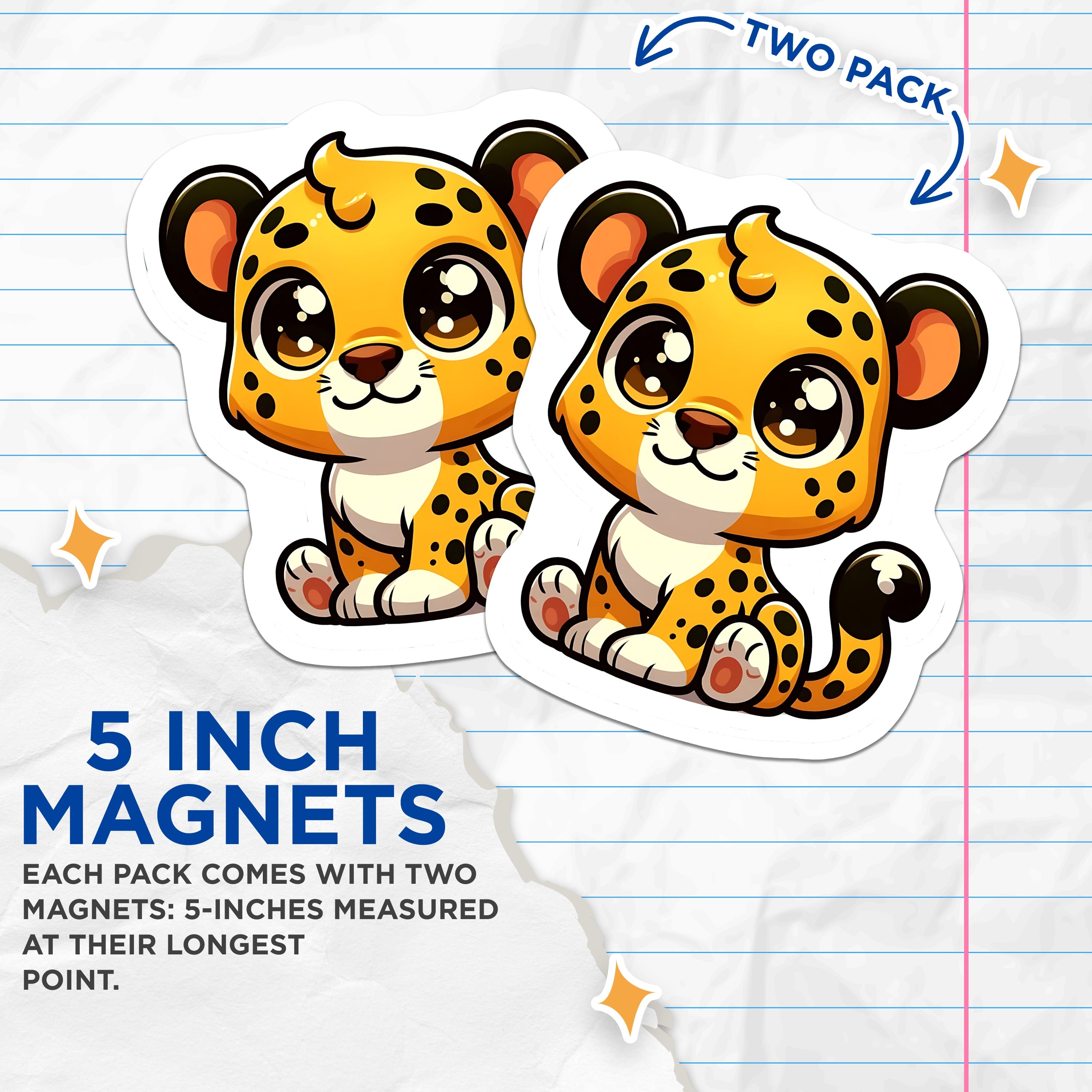 (2 Pack) Adorable Leopard Magnets - Cute Baby Cheetah Refrigerator Decor - Kawaii Jungle Safari Locker Animal Accent - 5 Inches On Longest Side - Thick Durable Magnet - Made in USA - MAG37850