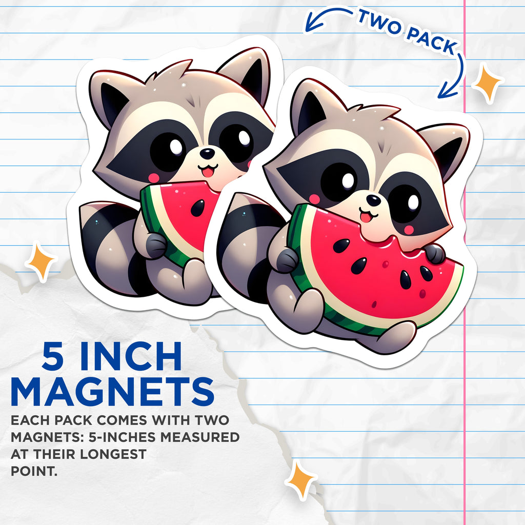 (2 Pack) Cute Raccoon Watermelon Magnets - Funny Animal Fridge Decor - Summer Kawaii Art for Kids Teens - 5 Inches On Longest Side - Thick Durable Magnet - Made in USA - MAG37608