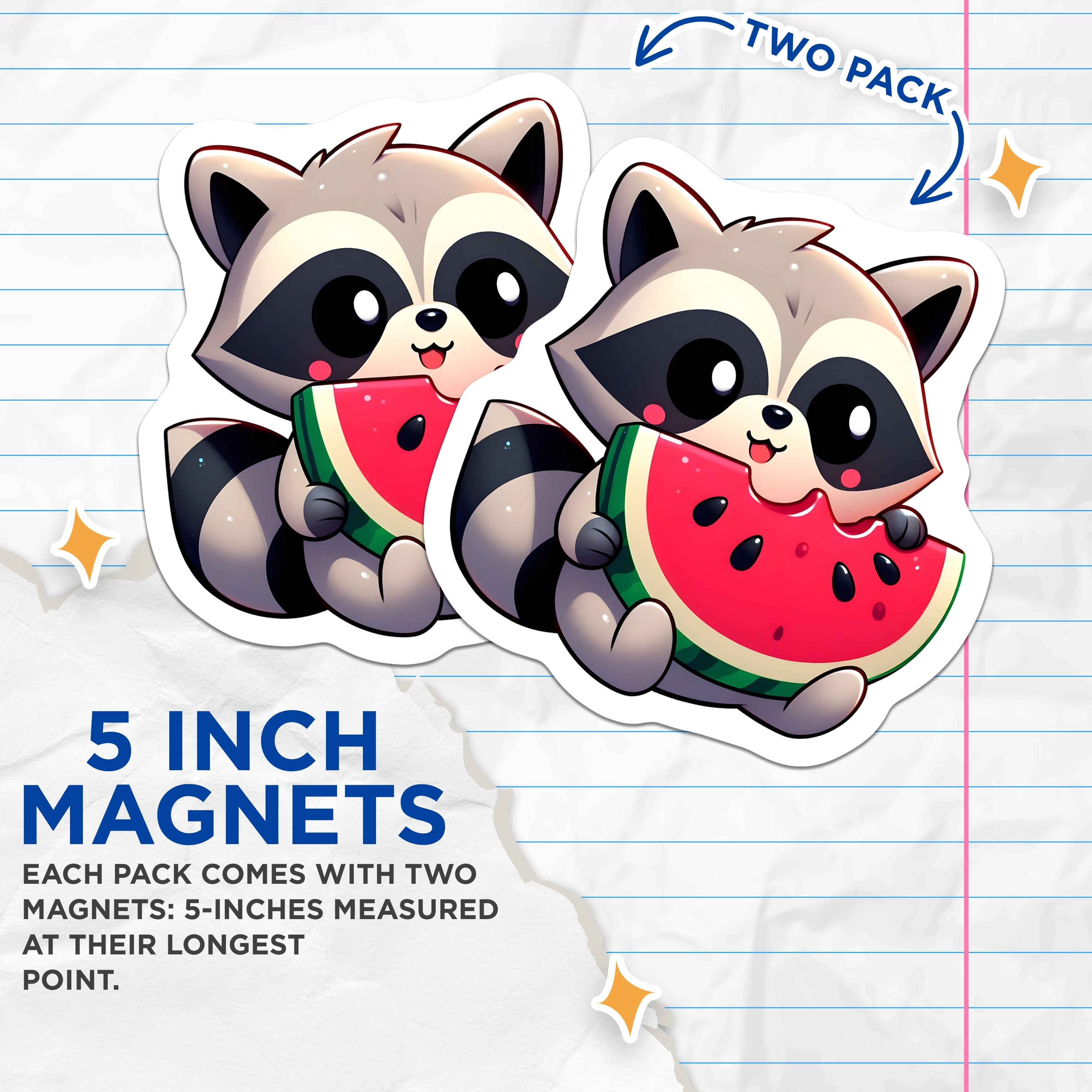 (2 Pack) Cute Raccoon Watermelon Magnets - Funny Animal Fridge Decor - Summer Kawaii Art for Kids Teens - 5 Inches On Longest Side - Thick Durable Magnet - Made in USA - MAG37608
