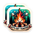 (2 Pack) Let's Get Toasted Stickers - Campfire Stickers - Marshmallow Roasting - Outdoor Adventure Stickers - 5" On Longest Side - Sticks to Smooth Flat Surfaces - Made in USA - BMCS7011