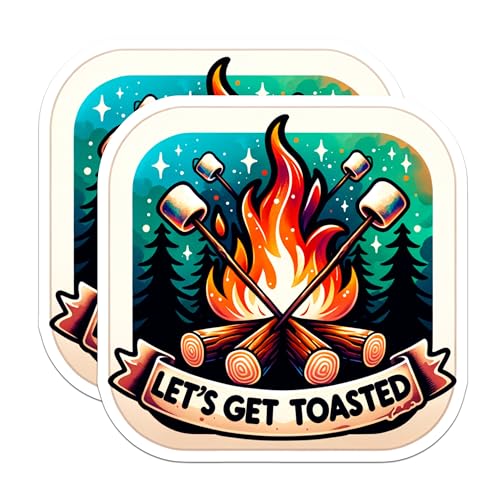(2 Pack) Let's Get Toasted Stickers - Campfire Stickers - Marshmallow Roasting - Outdoor Adventure Stickers - 5" On Longest Side - Sticks to Smooth Flat Surfaces - Made in USA - BMCS7011